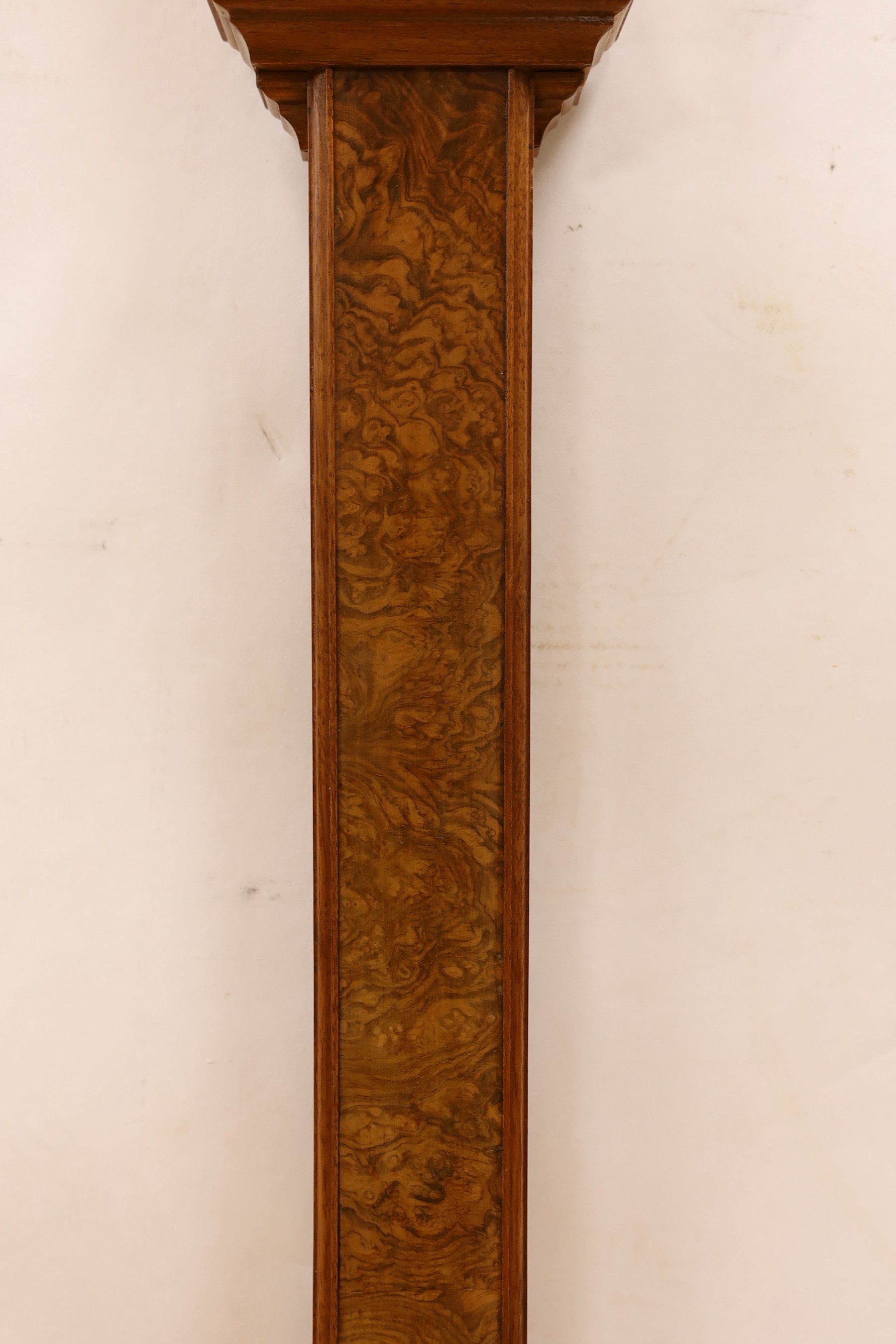 A Comitti & Son limited edition burr walnut and mahogany barometer, copy of a stick barometer by John Cuff, 100cm